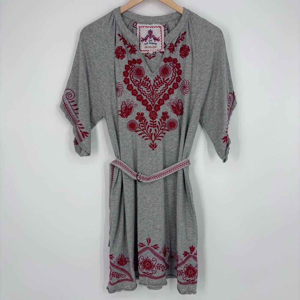 JW Los Angeles Johnny Was Embroidered Belted Jersey Midi Dress Womens S Grey Red